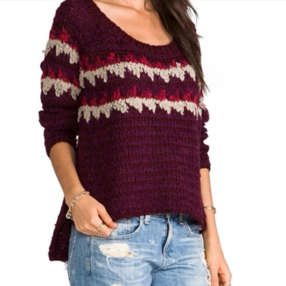 Free People Fuzzy FairIsle Sweater Burgundy Maroon Size M oversize GUC
